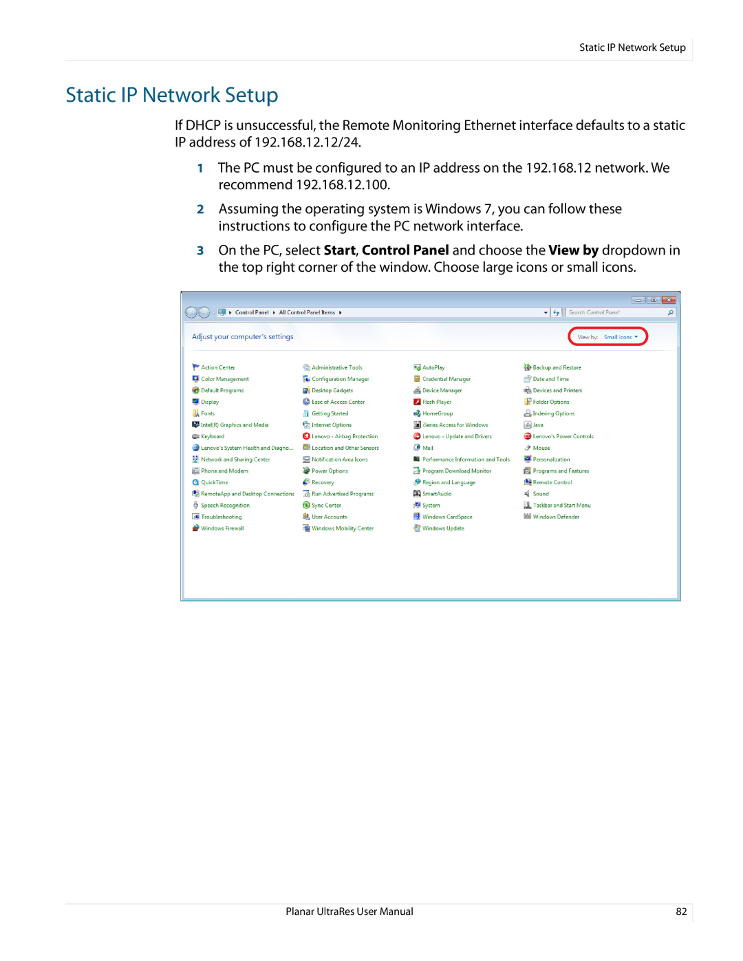 Planar 020-1229-03A user manual Static IP Network Setup 