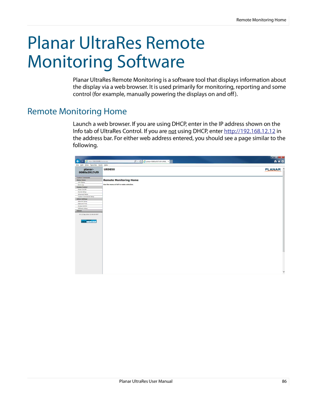 Planar 020-1229-03A user manual Planar UltraRes Remote Monitoring Software, Remote Monitoring Home 