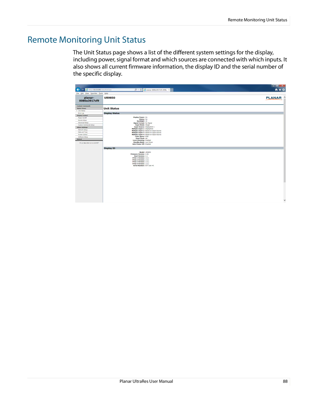 Planar 020-1229-03A user manual Remote Monitoring Unit Status 