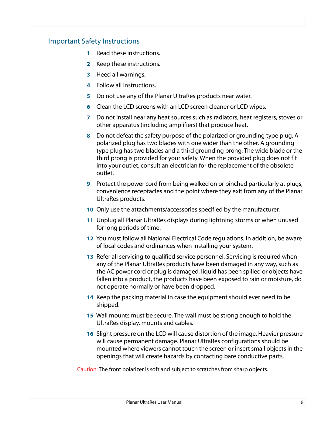 Planar 020-1229-03A user manual Important Safety Instructions 