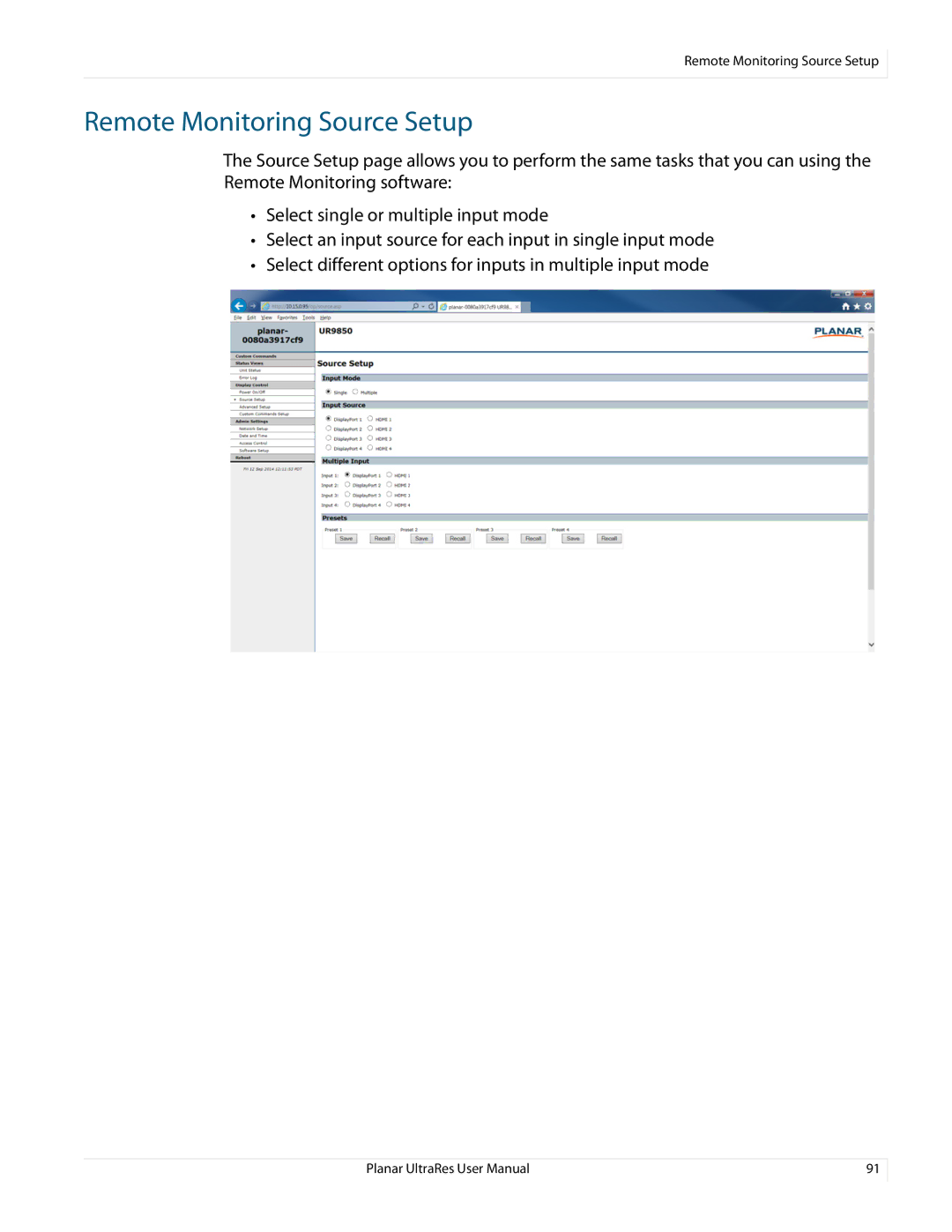 Planar 020-1229-03A user manual Remote Monitoring Source Setup 