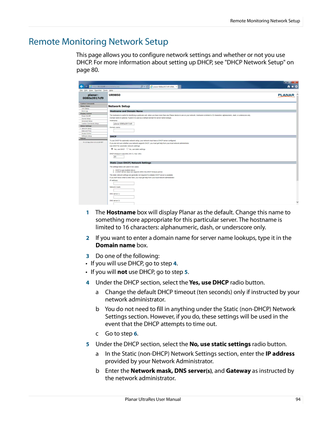 Planar 020-1229-03A user manual Remote Monitoring Network Setup 