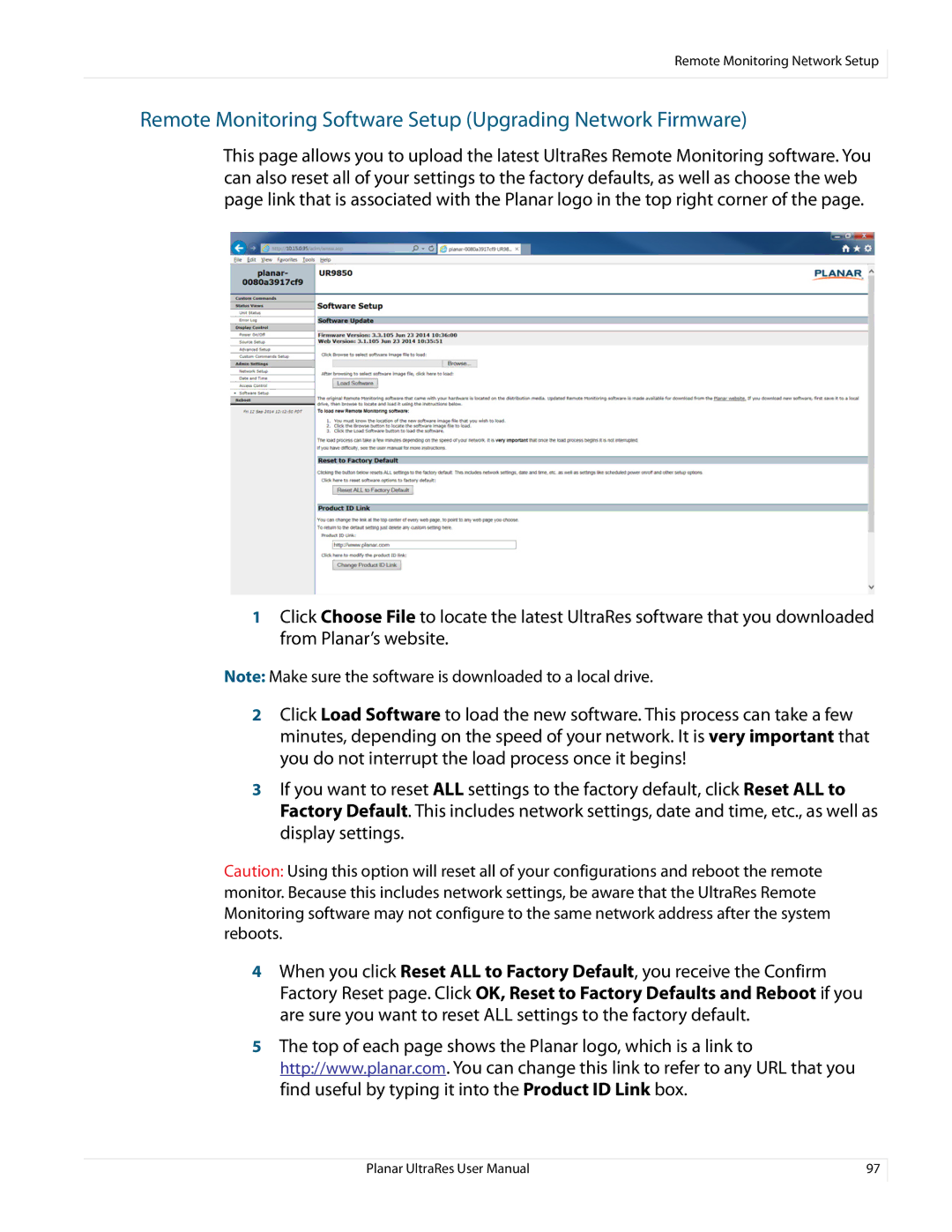 Planar 020-1229-03A user manual Remote Monitoring Software Setup Upgrading Network Firmware 