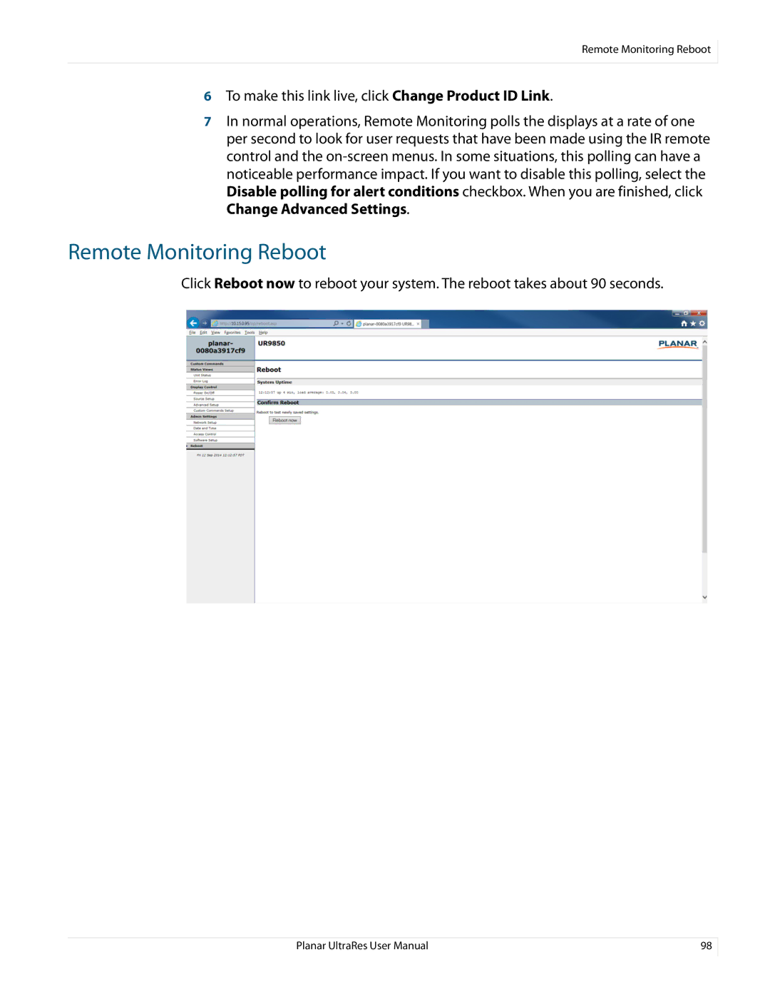 Planar 020-1229-03A user manual Remote Monitoring Reboot 