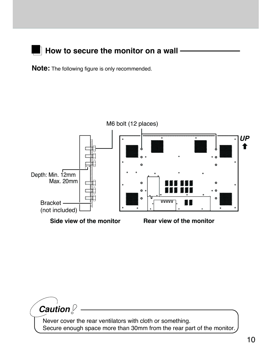 Planar 40 manual How to secure the monitor on a wall, Side view of the monitor Rear view of the monitor 