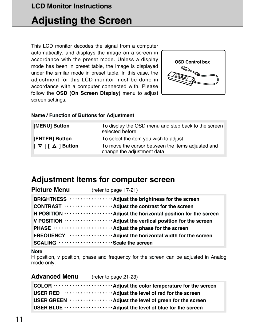 Planar 40 manual Adjusting the Screen, LCD Monitor Instructions 