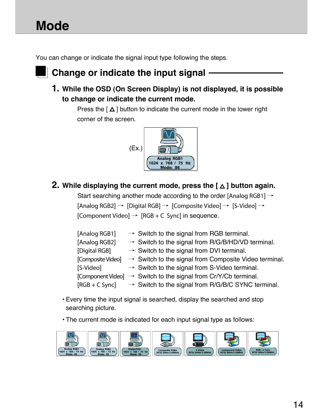 Planar 40 manual Mode, Change or indicate the input signal, While displaying the current mode, press the button again 