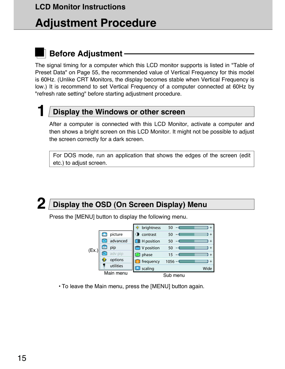 Planar 40 manual Adjustment Procedure, Before Adjustment, Display the Windows or other screen 