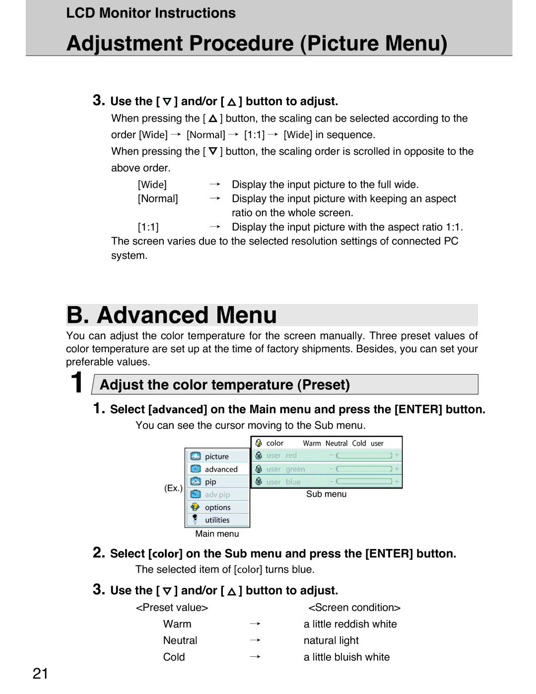 Planar 40 manual Advanced Menu, Adjust the color temperature Preset, Use the and/or button to adjust 