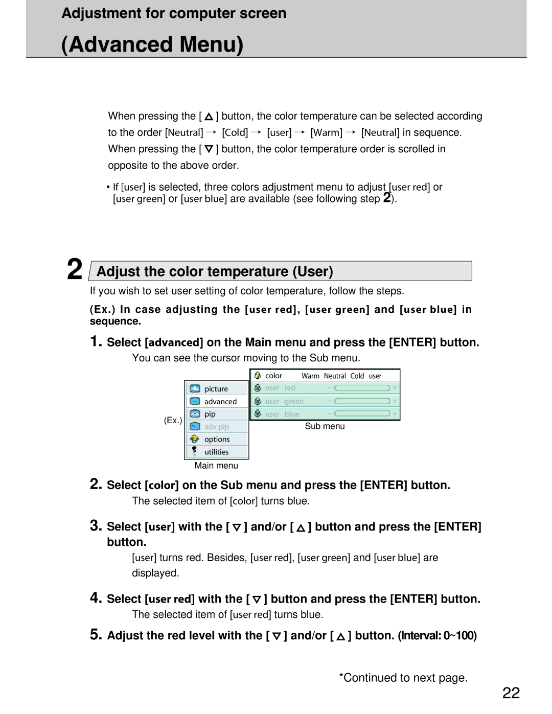 Planar 40 manual Advanced Menu, Adjust the color temperature User 