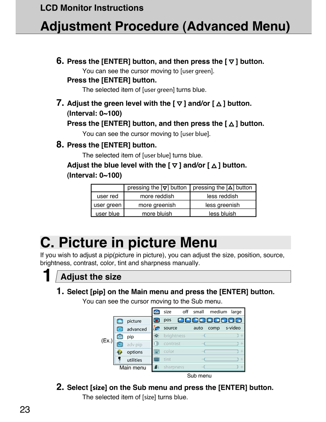 Planar 40 manual Picture in picture Menu, Adjustment Procedure Advanced Menu, Adjust the size 