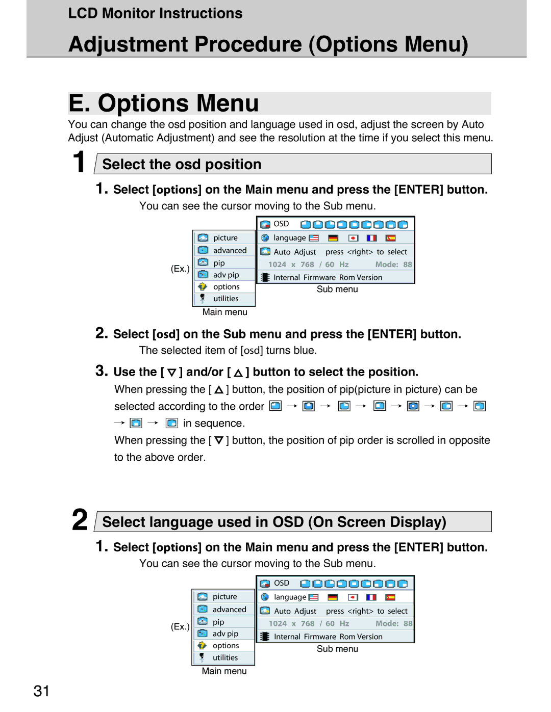 Planar 40 Adjustment Procedure Options Menu, Select the osd position, Select language used in OSD On Screen Display 