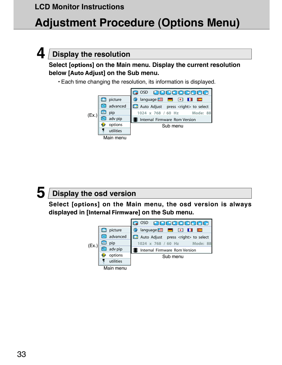 Planar 40 manual Display the resolution, Display the osd version 