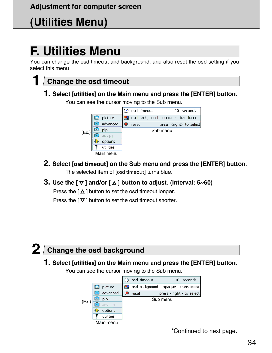 Planar 40 manual Utilities Menu, Change the osd timeout, Change the osd background 