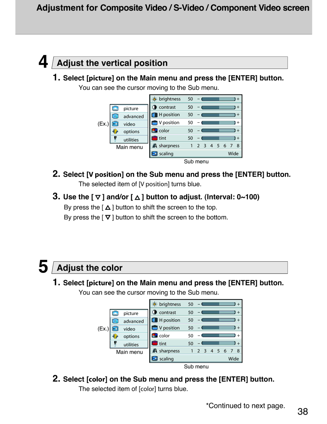 Planar 40 manual Adjust the color, Select V position on the Sub menu and press the Enter button 