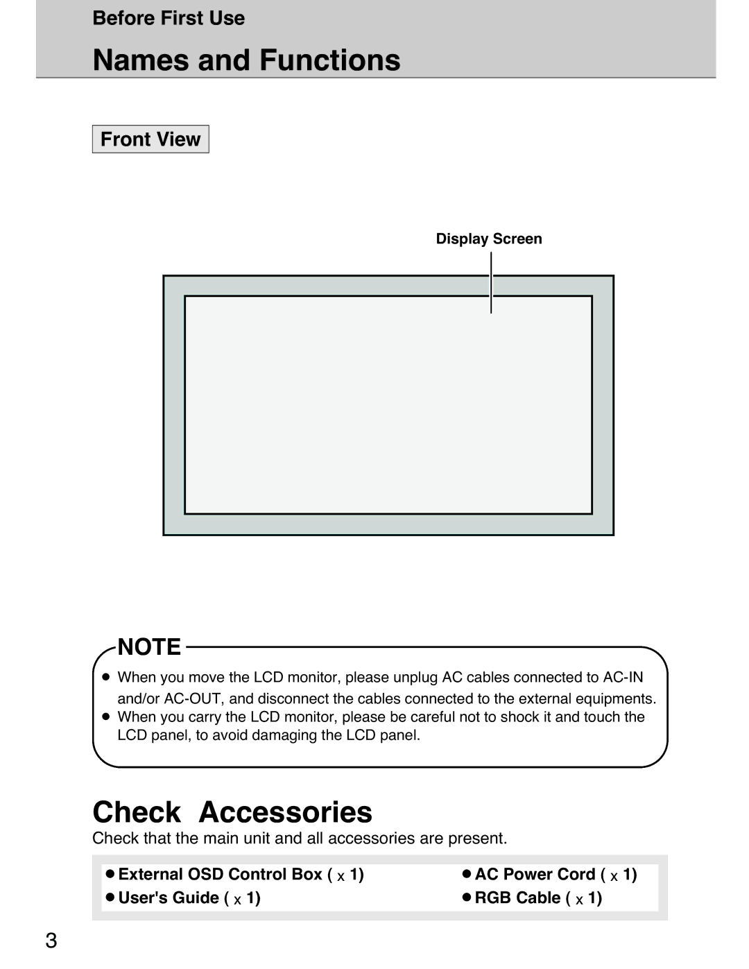 Planar 40 manual Names and Functions, Check Accessories, Before First Use, Front View 