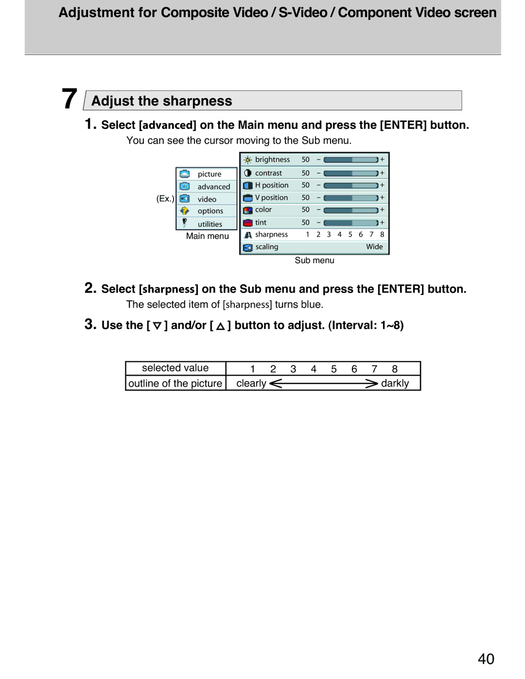 Planar 40 manual Select advanced on the Main menu and press the Enter button, Use the and/or button to adjust. Interval 1~8 