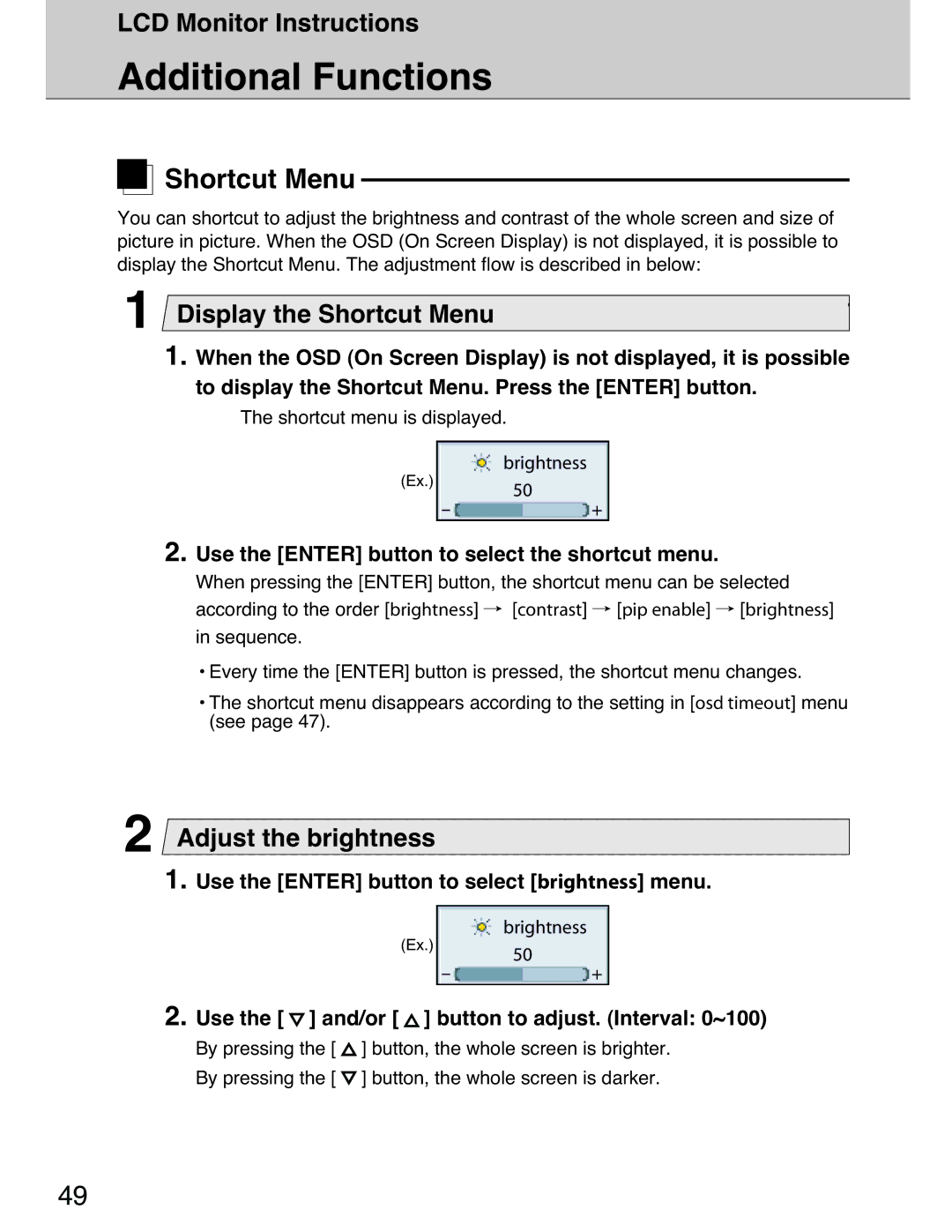 Planar 40 manual Additional Functions, Display the Shortcut Menu, Use the Enter button to select the shortcut menu 