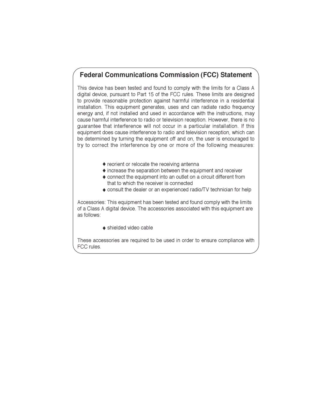 Planar 40 manual Federal Communications Commission FCC Statement 