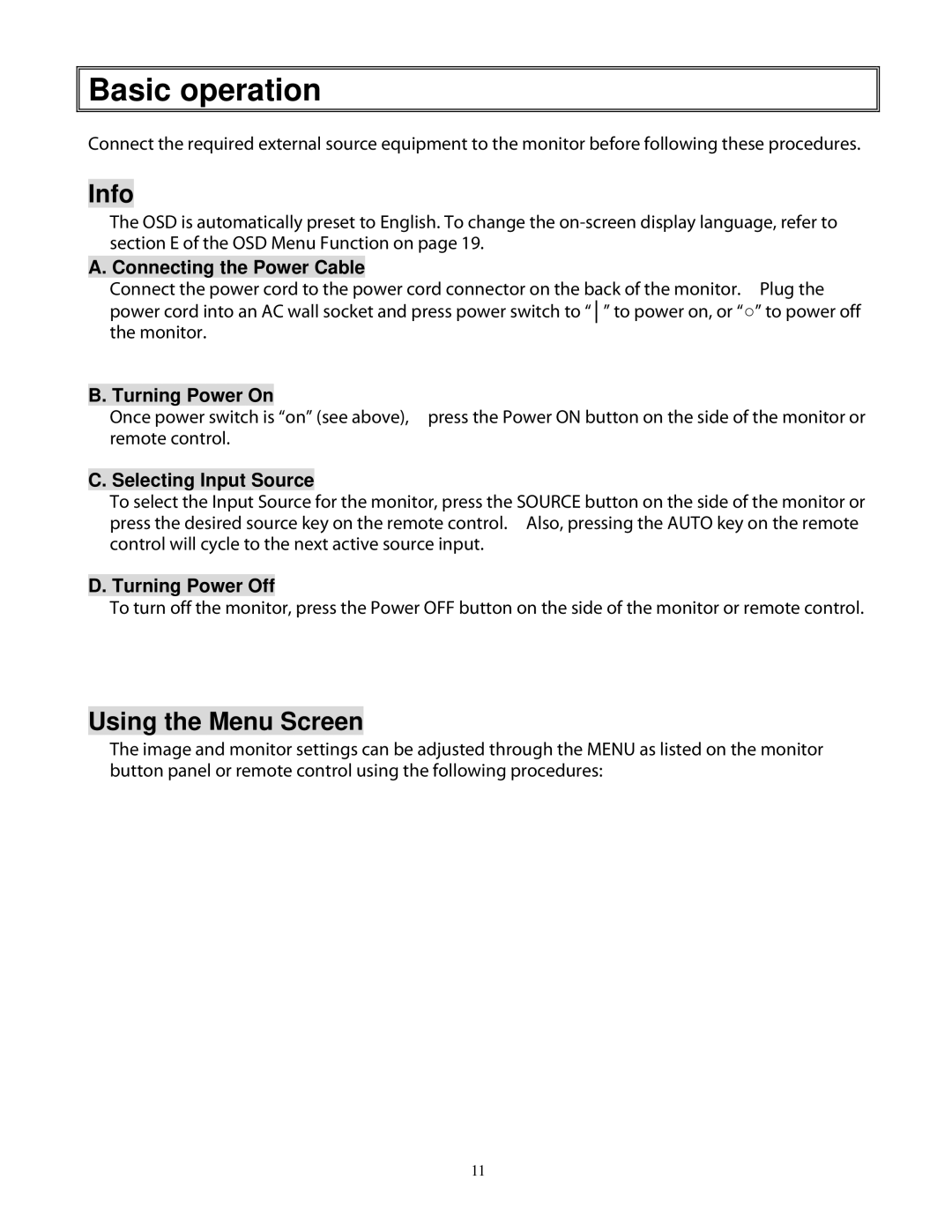 Planar 520, pd 370, 470, 420 user manual Basic operation, Info, Using the Menu Screen 