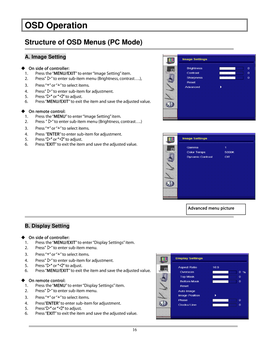 Planar pd 370, 520, 470, 420 user manual OSD Operation, Structure of OSD Menus PC Mode, Image Setting, Display Setting 