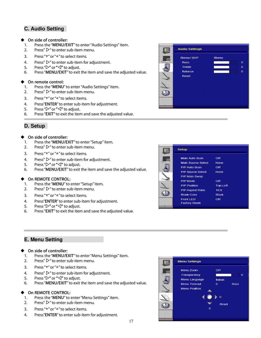 Planar 470, 520, pd 370, 420 user manual Audio Setting, Setup, Menu Setting 