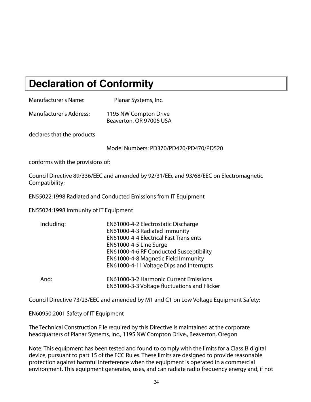 Planar pd 370, 520, 470, 420 user manual Declaration of Conformity 