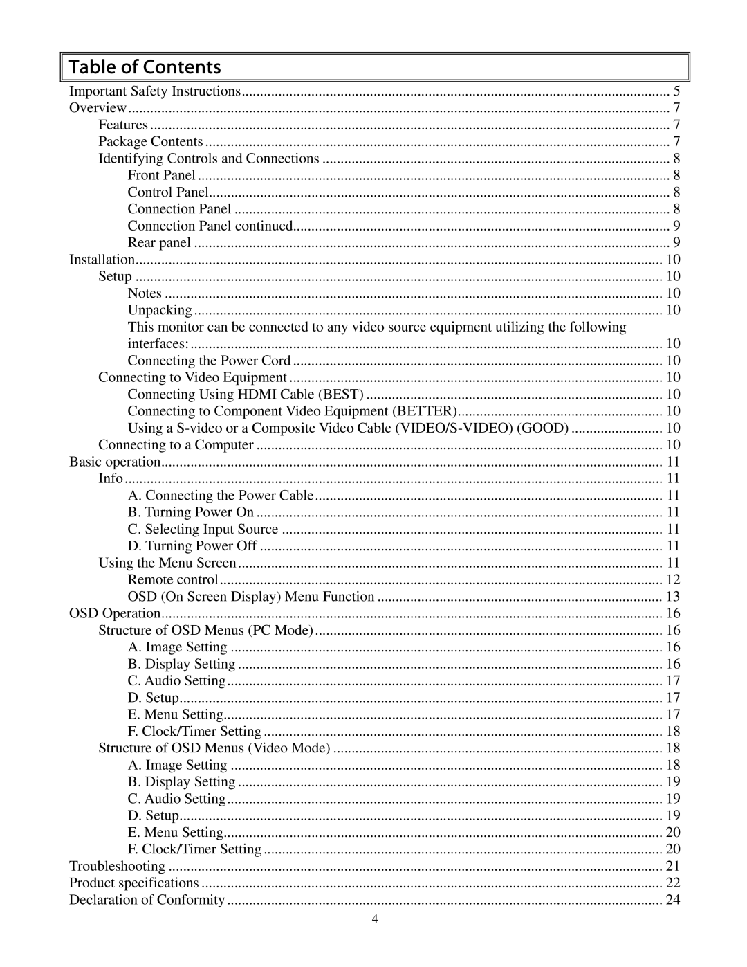 Planar pd 370, 520, 470, 420 user manual Table of Contents 