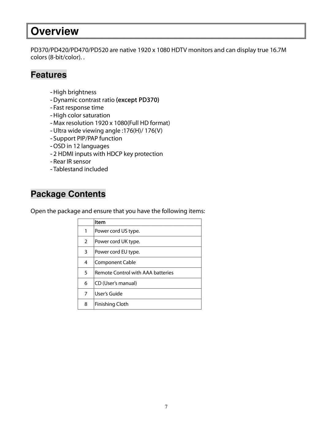 Planar 520, pd 370, 470, 420 user manual Overview, Features, Package Contents 