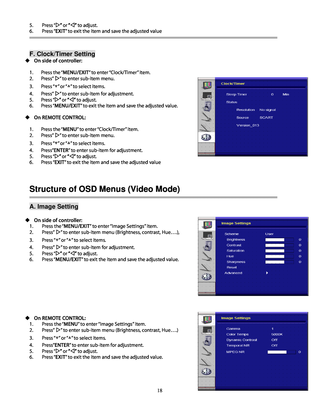 Planar 420, 520, pd 370 Structure of OSD Menus Video Mode, F. Clock/Timer Setting, A. Image Setting, ‹On side of controller 