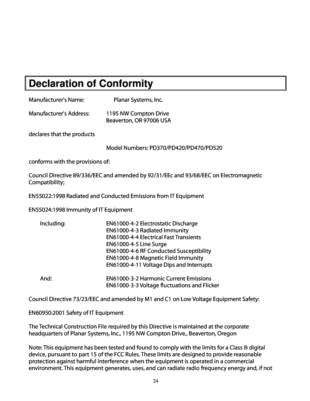 Planar pd 370, 520, 470, 420 user manual Declaration of Conformity 
