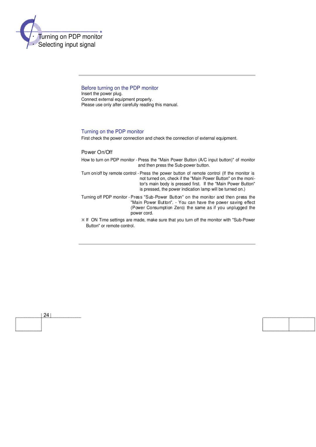 Planar 60B manual · Turning on PDP monitor · Selecting input signal, Before turning on the PDP monitor, Power On/Off 