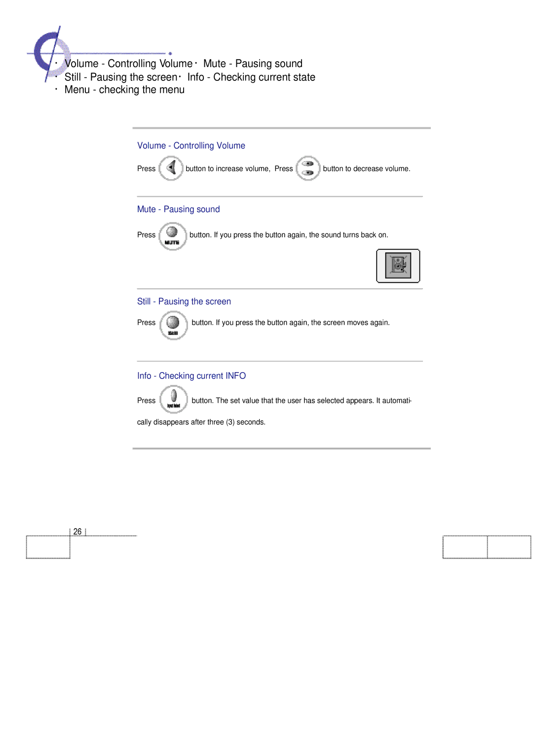 Planar 60B manual Volume Controlling Volume, Mute Pausing sound, Still Pausing the screen, Info Checking current Info 