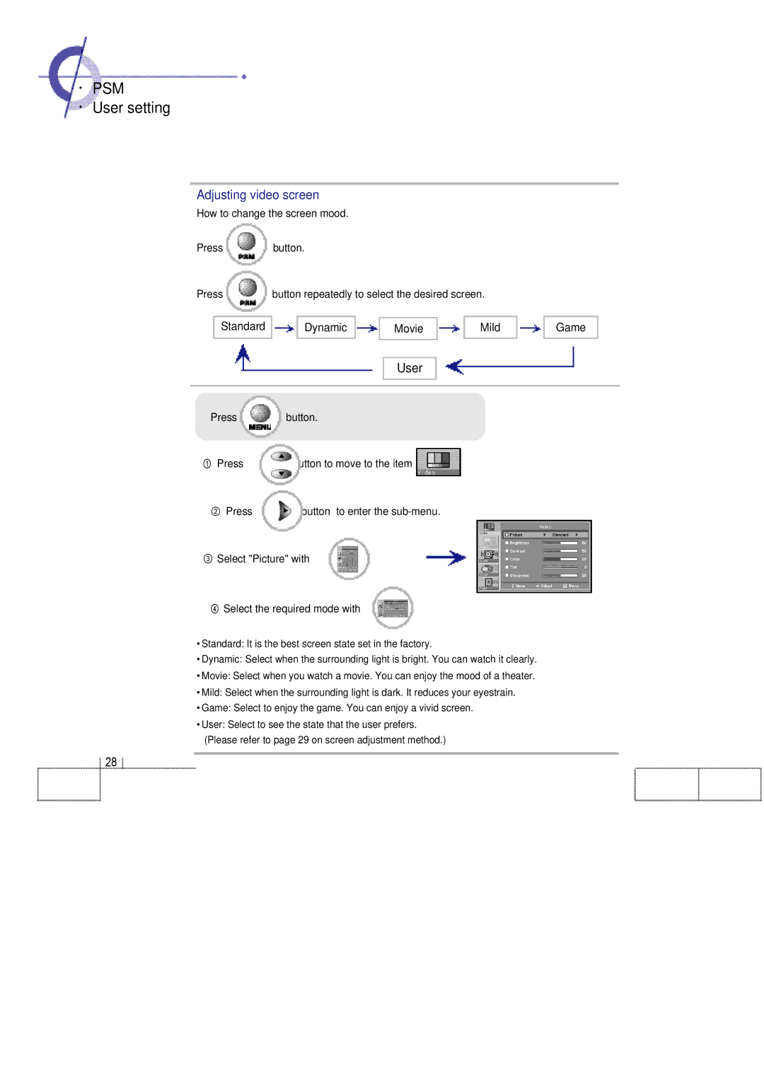 Planar 60B manual ·User setting, Adjusting video screen 