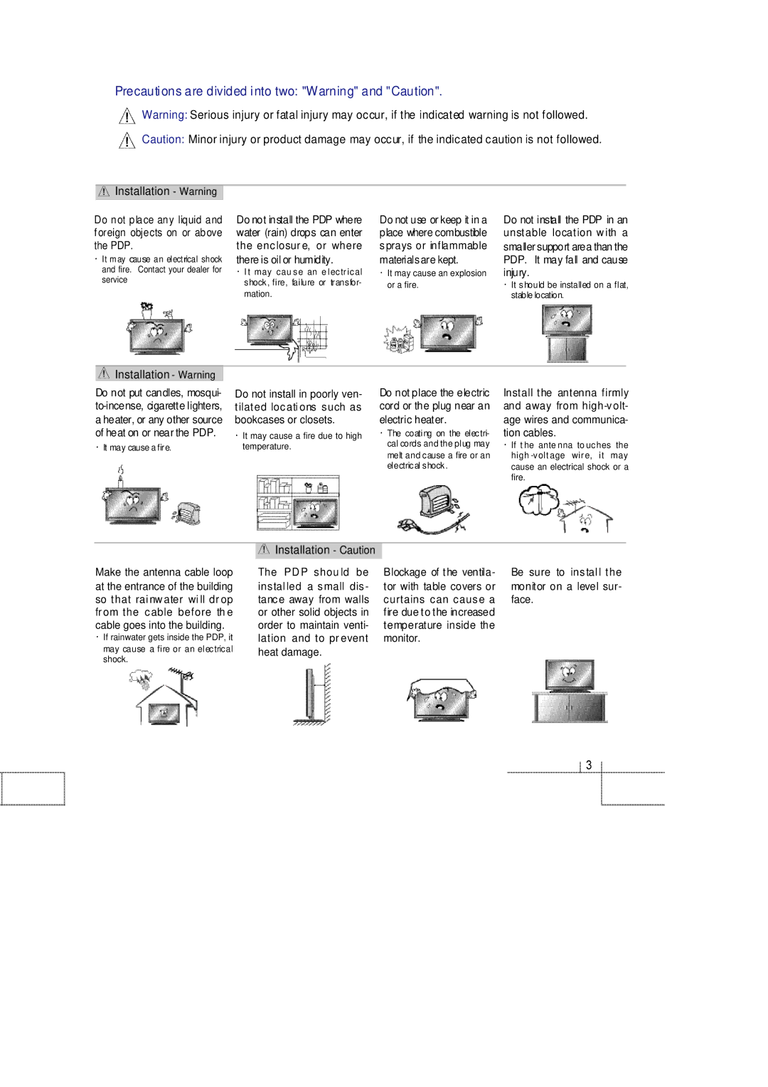 Planar 60B manual Precautions are divided into two Warning and Caution, Installation Warning 