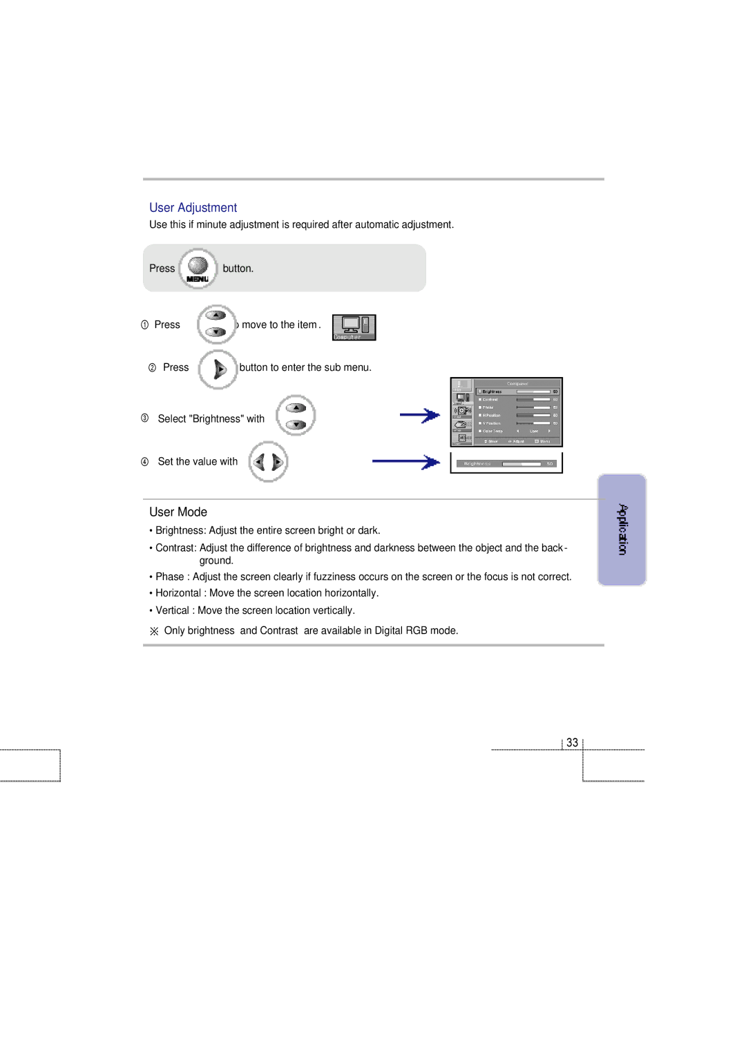 Planar 60B manual User Adjustment, User Mode 