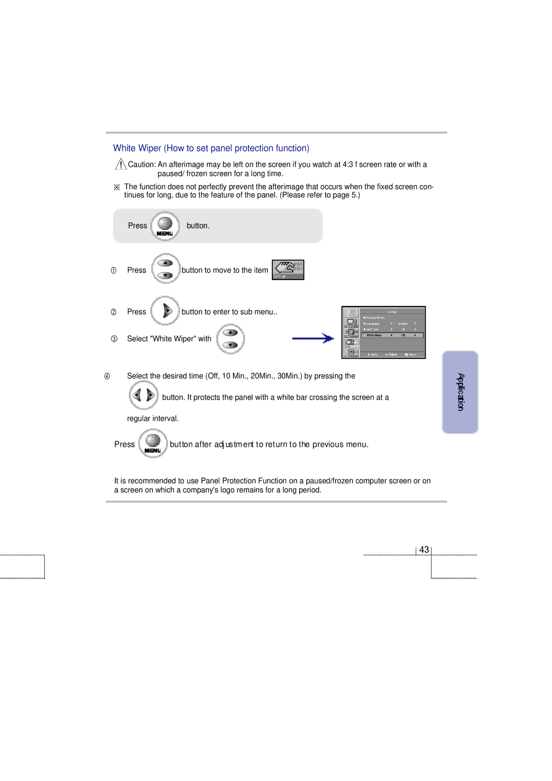 Planar 60B manual White Wiper How to set panel protection function 