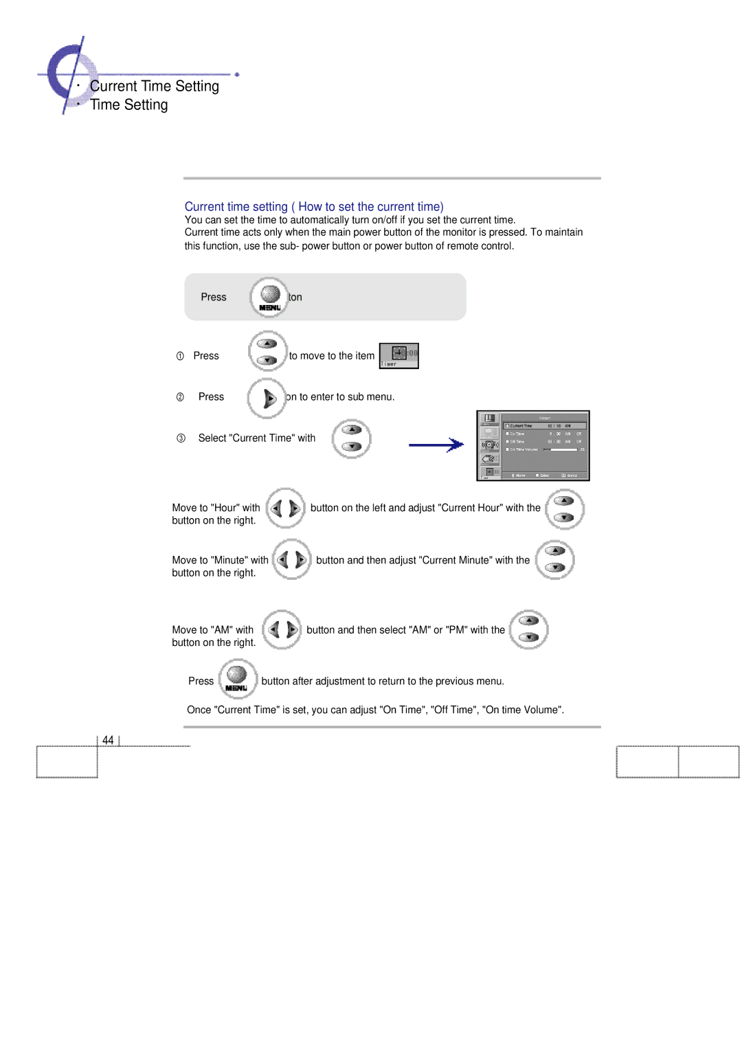 Planar 60B manual · Current Time Setting · Time Setting, Current time setting How to set the current time 