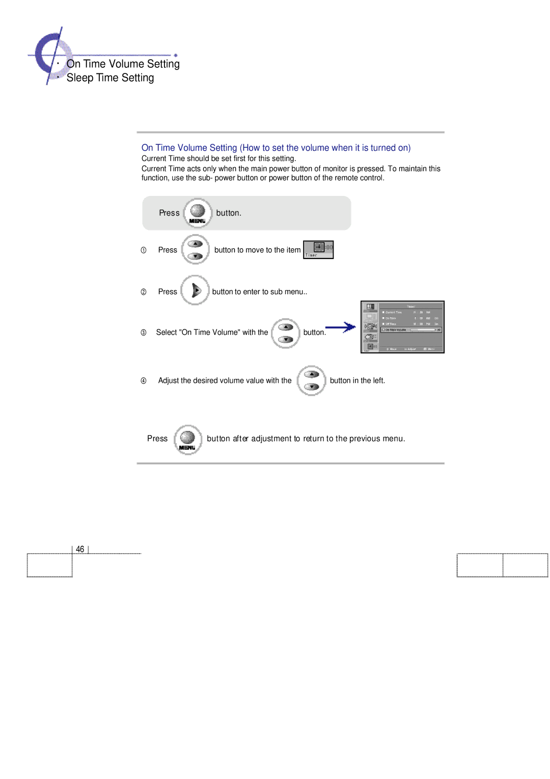 Planar 60B manual ·On Time Volume Setting · Sleep Time Setting 