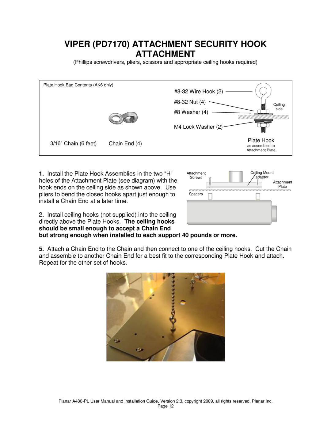 Planar A480-PL user manual Viper PD7170 Attachment Security Hook 