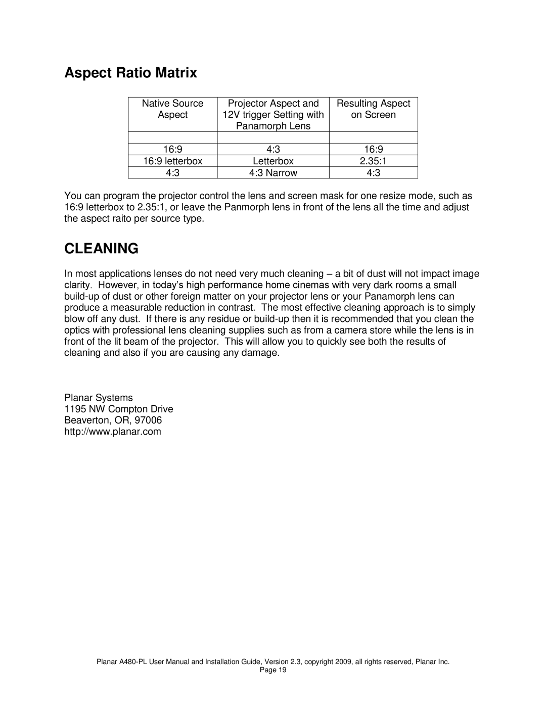 Planar A480-PL user manual Aspect Ratio Matrix, Cleaning 