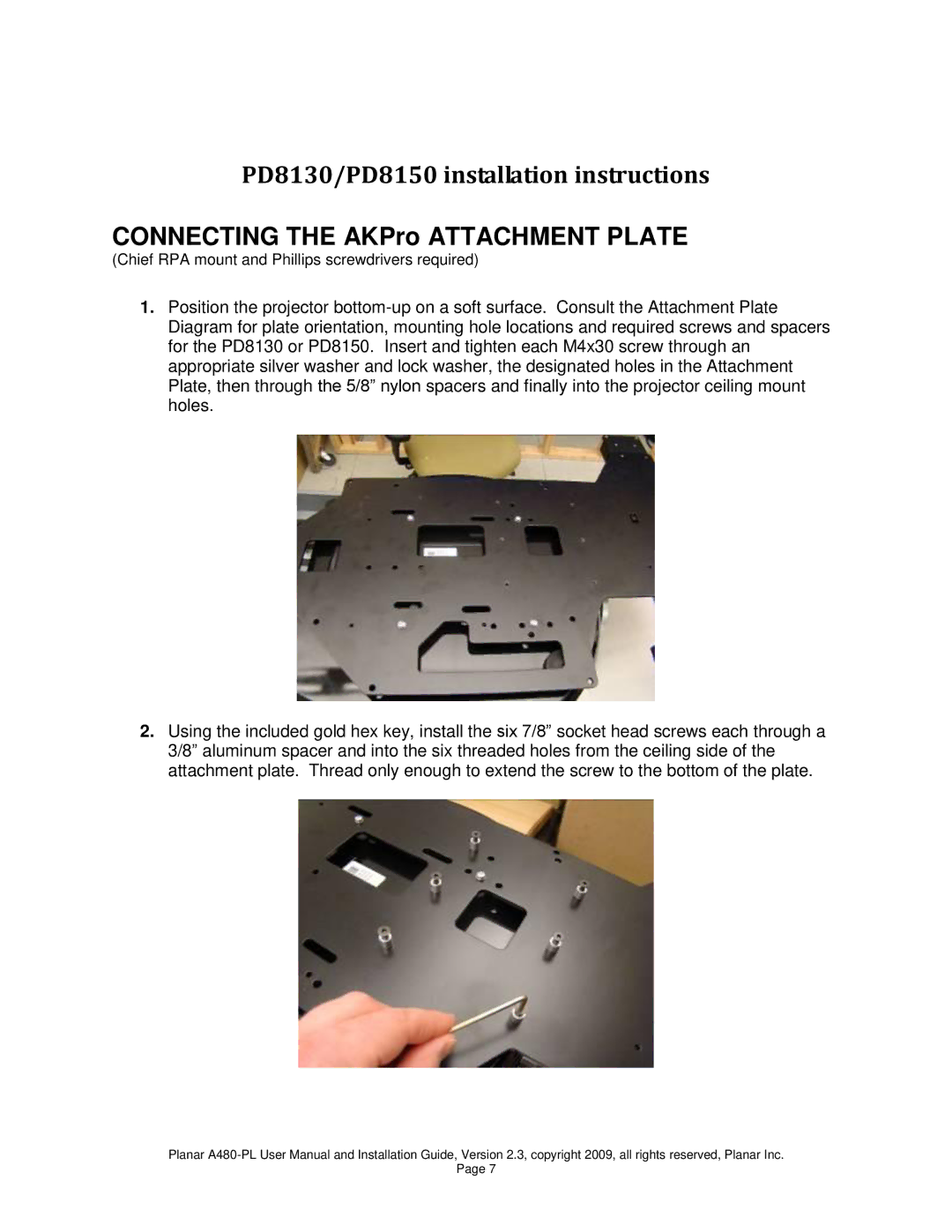 Planar A480-PL user manual PD8130/PD8150 installation instructions, Connecting the AKPro Attachment Plate 