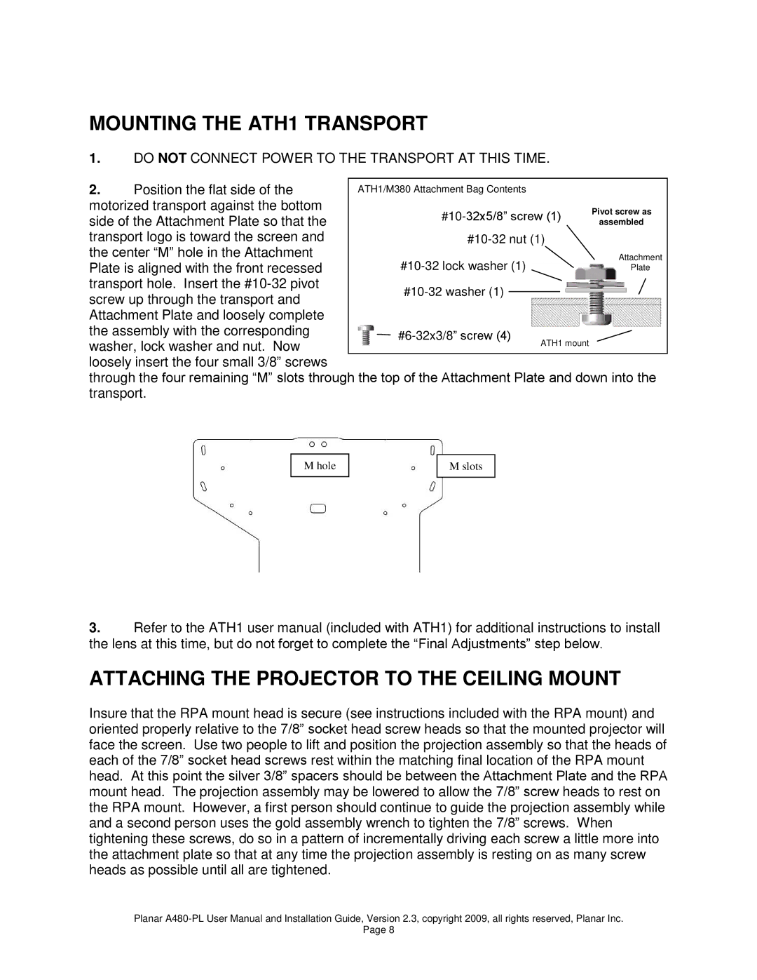 Planar A480-PL user manual Mounting the ATH1 Transport, Attaching the Projector to the Ceiling Mount 