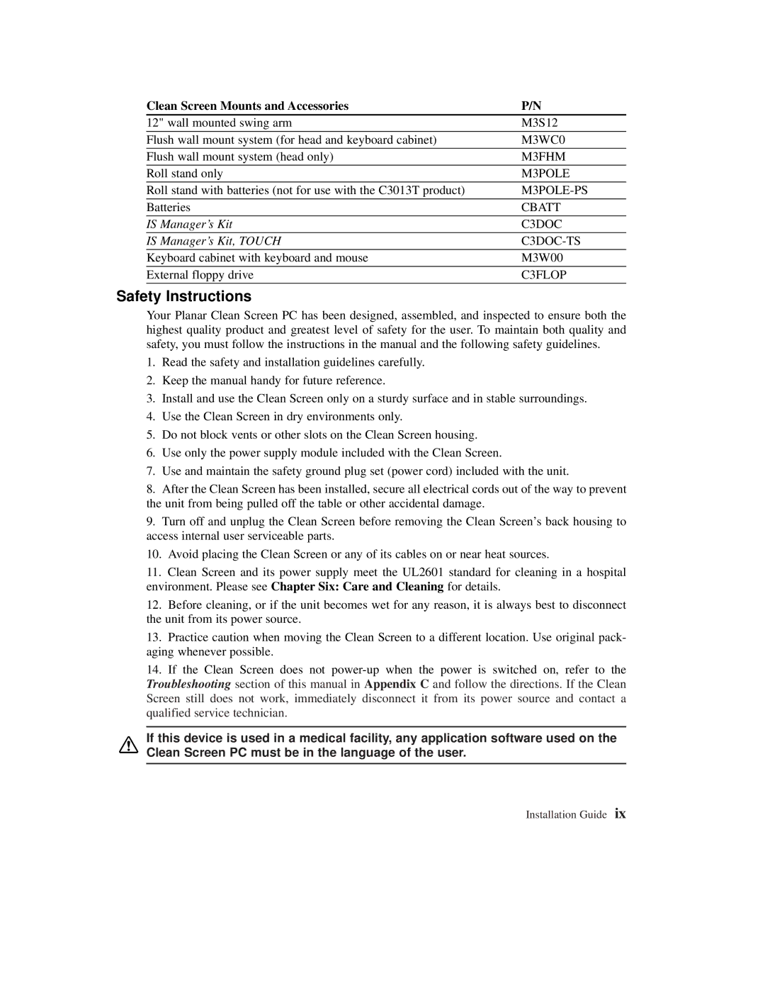 Planar C3013T, C3012T user manual Safety Instructions, Clean Screen Mounts and Accessories 