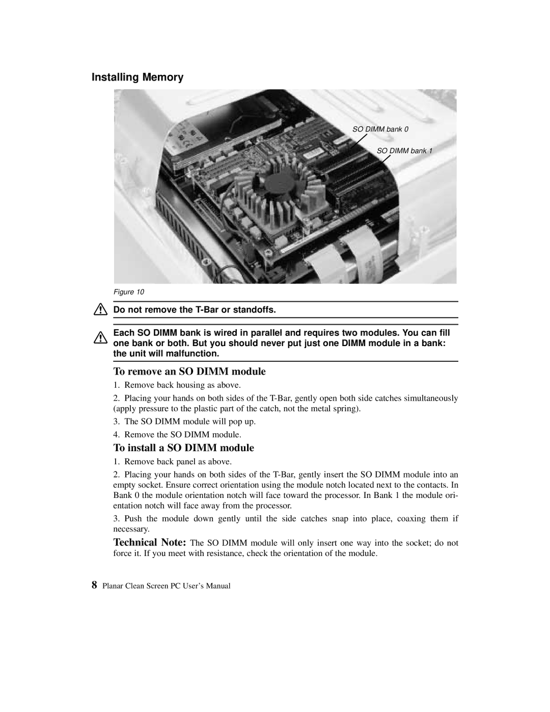 Planar C3012T, C3013T user manual Installing Memory, To remove an SO Dimm module, To install a SO Dimm module 