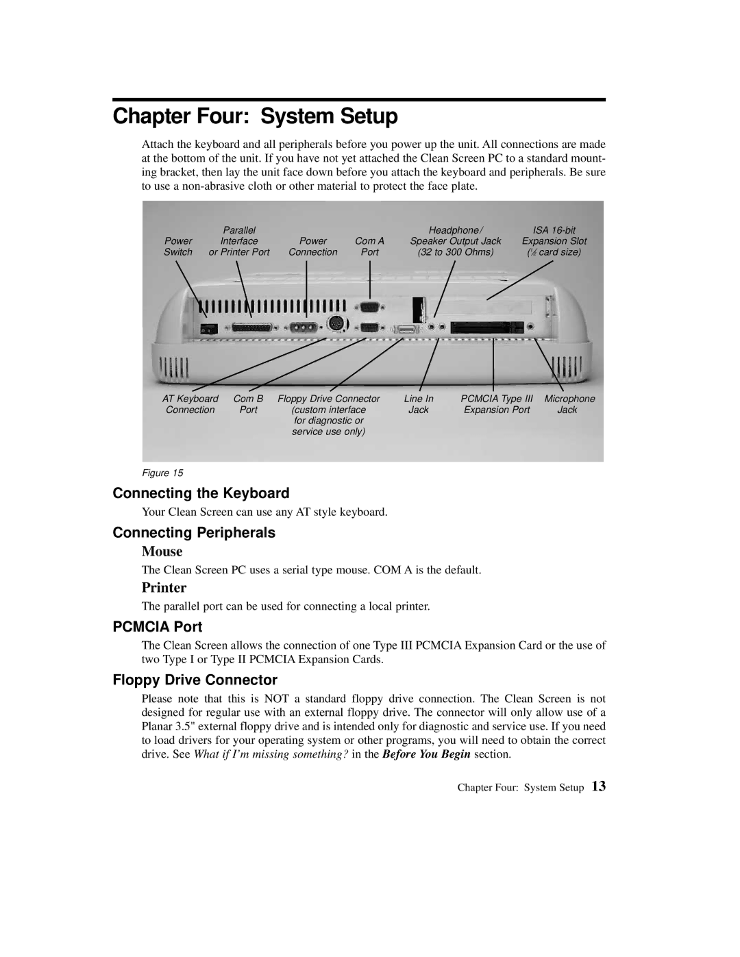 Planar C3013T, C3012T user manual Chapter Four System Setup, Connecting the Keyboard, Connecting Peripherals, Pcmcia Port 