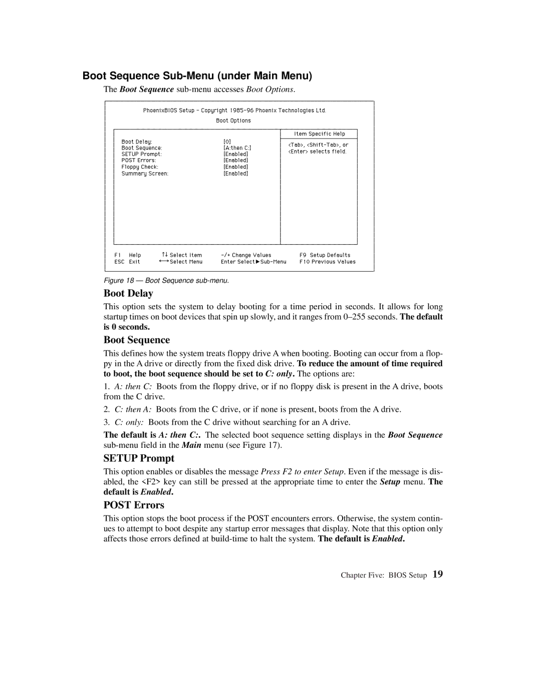 Planar C3013T, C3012T user manual Boot Sequence Sub-Menu under Main Menu, Boot Delay, Setup Prompt, Post Errors 