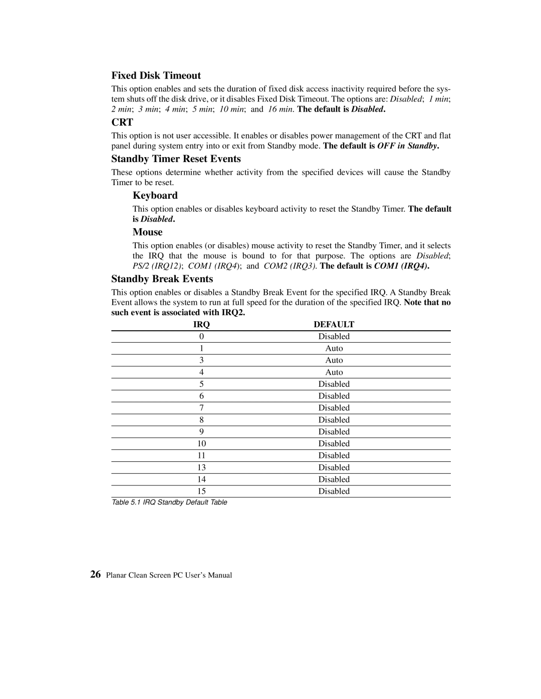 Planar C3012T, C3013T user manual Fixed Disk Timeout, Standby Timer Reset Events, Keyboard, Standby Break Events 