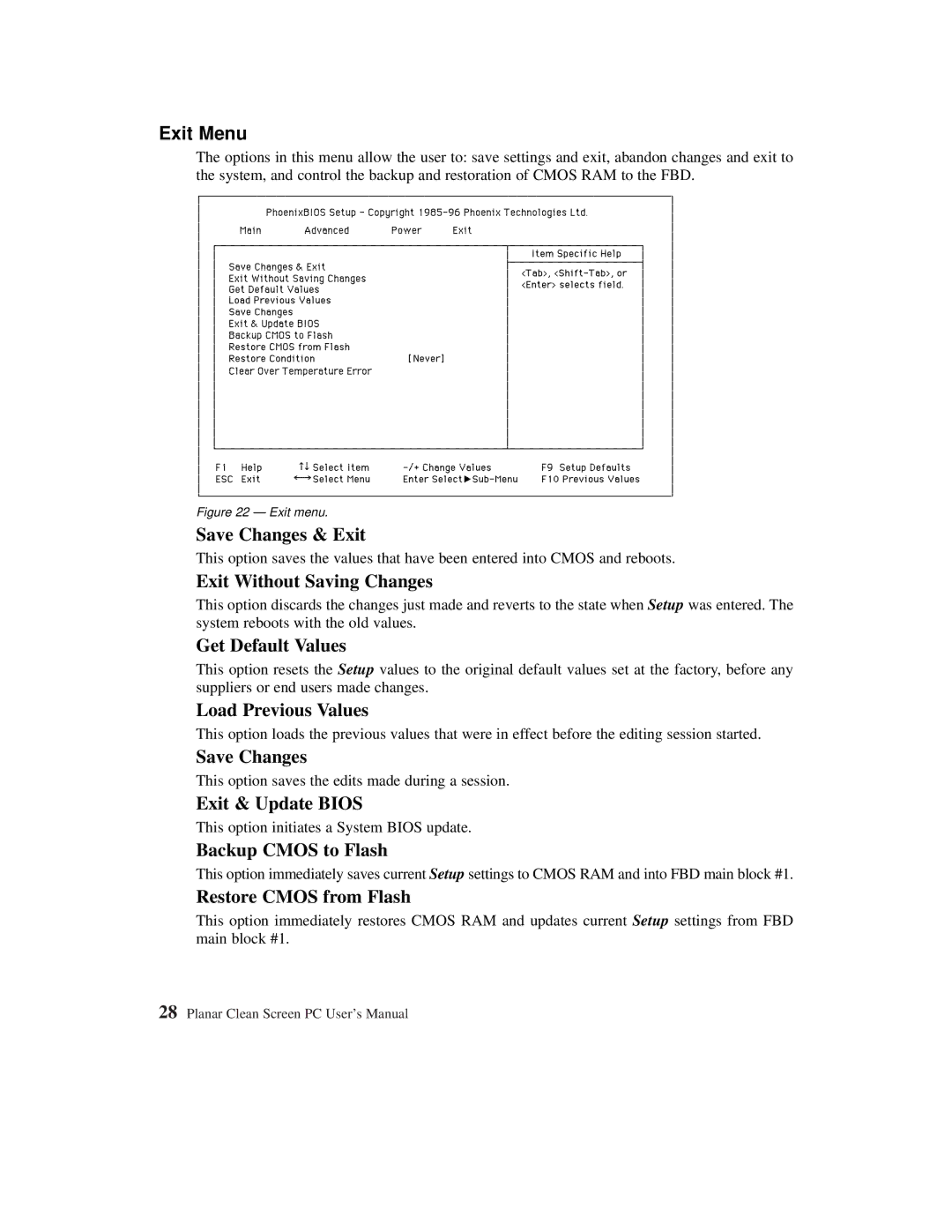 Planar C3012T, C3013T user manual Exit Menu 