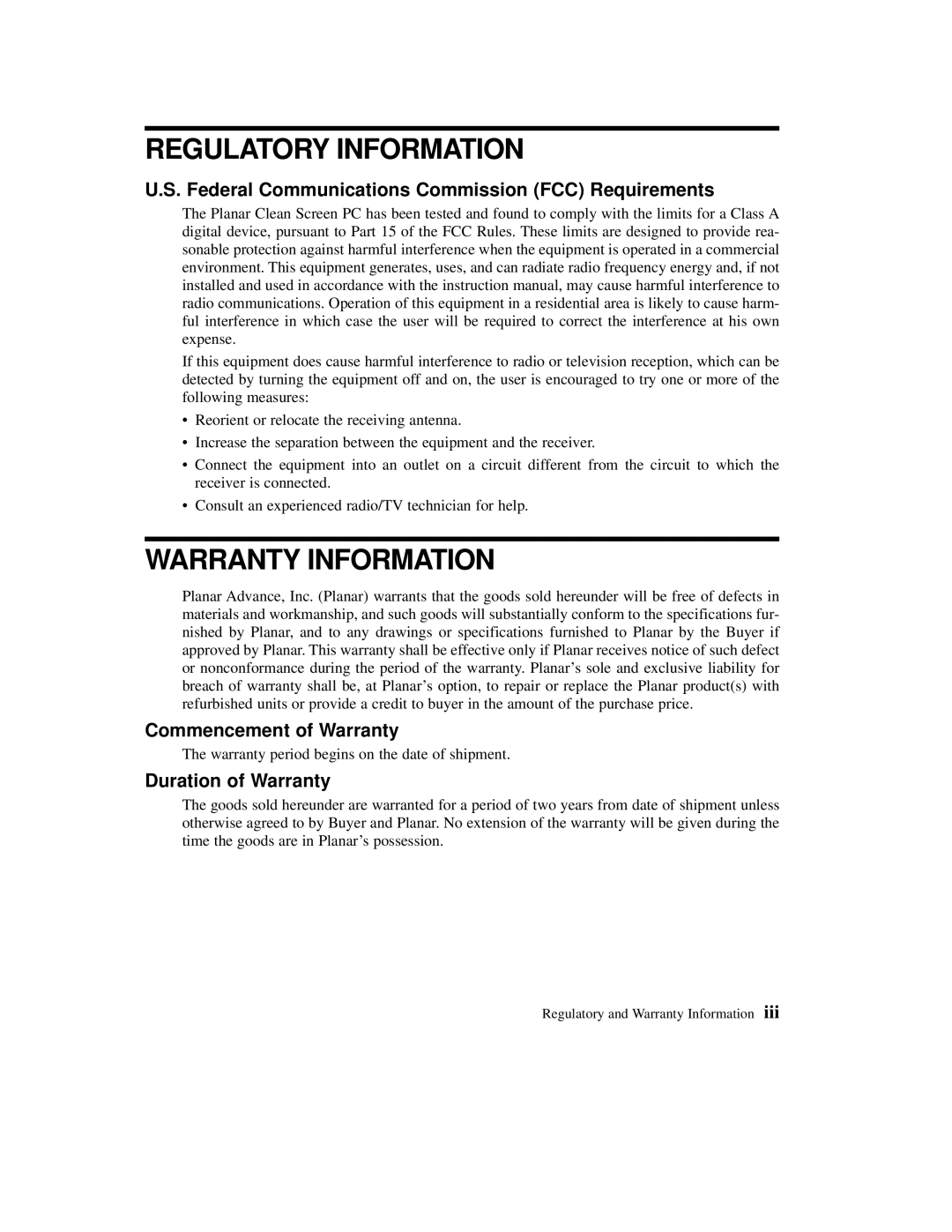 Planar C3013T, C3012T Federal Communications Commission FCC Requirements, Commencement of Warranty, Duration of Warranty 